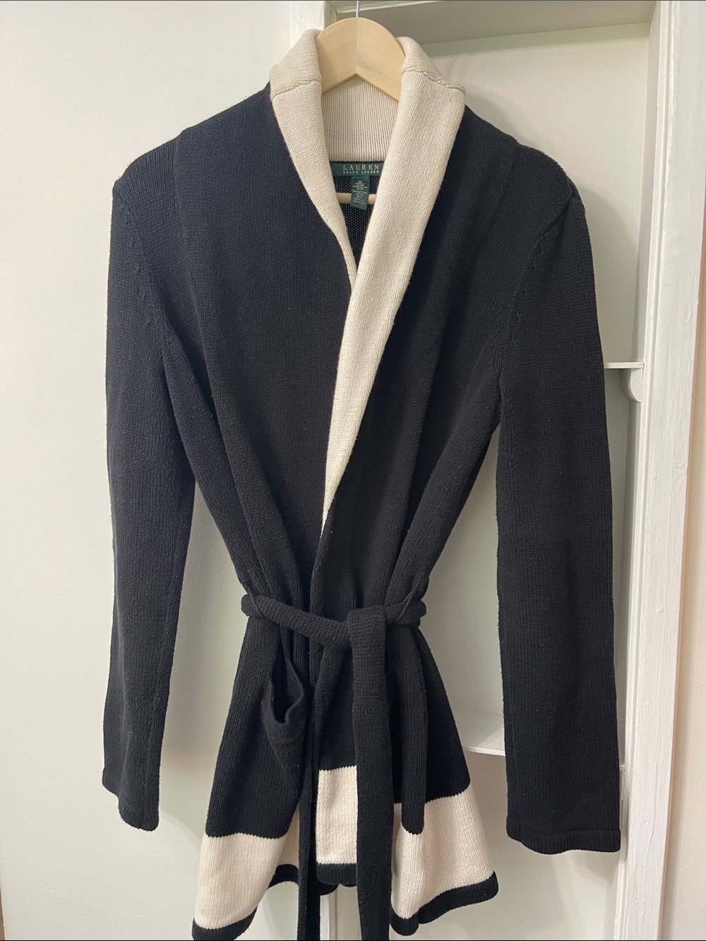 Lauren Ralph Lauren Colorblock Belted Shawl Collar Knit Cardigan Sweater Size M - Picture 5 of 11
